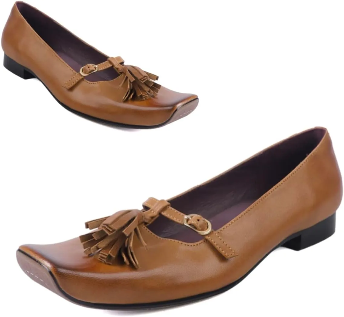 MOOMMO Vintage Mary Jane Flats Tassel Square Toe Low Chunky Heels Fringe T-Strap 1 inch Low Heel Mary Jane Shoes Matte Rocker Sole Retro Walking Loafers Comfy 4-11 M US