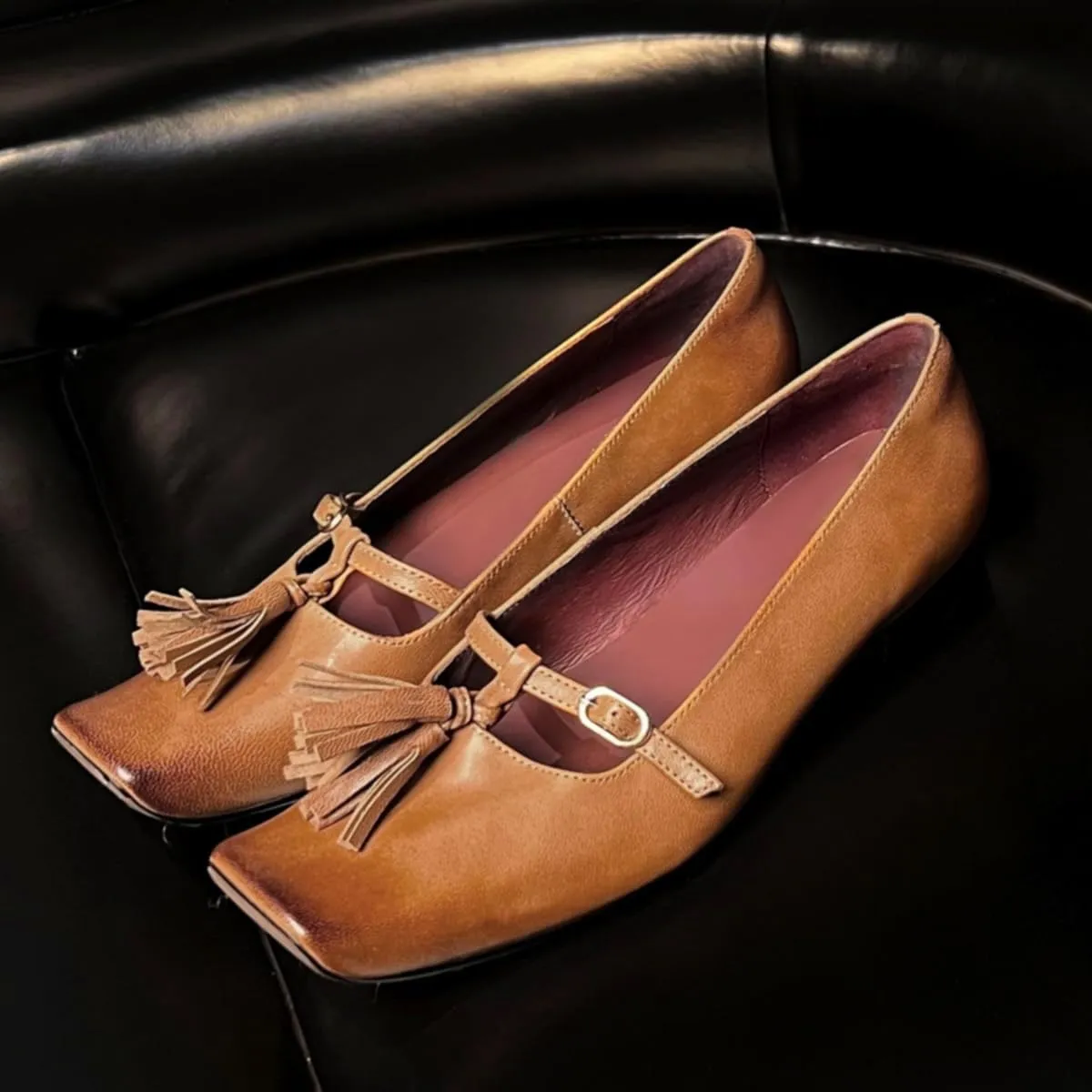 MOOMMO Vintage Mary Jane Flats Tassel Square Toe Low Chunky Heels Fringe T-Strap 1 inch Low Heel Mary Jane Shoes Matte Rocker Sole Retro Walking Loafers Comfy 4-11 M US