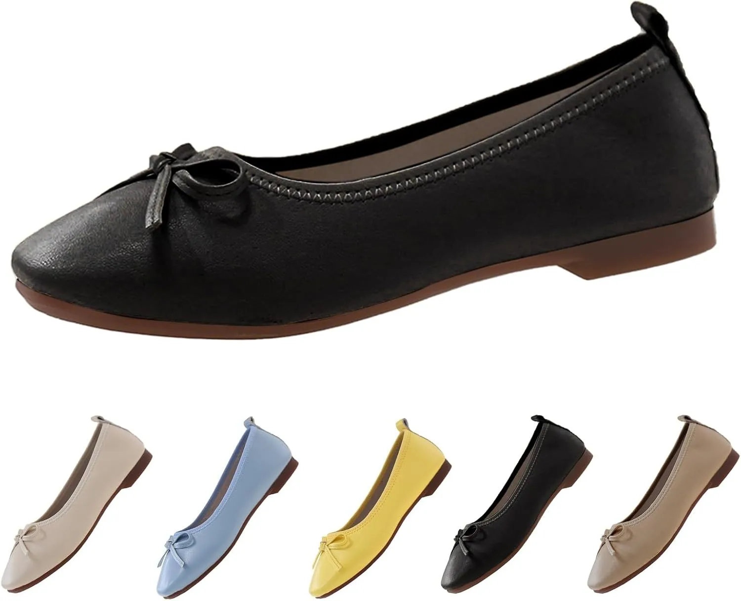 Nude Ballet Flats for Women Square Toe Ballerina Flat Dress Shoes with Bow Knot Comfortable Slip On Foldable Shoes