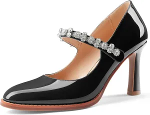 Oh Mispares Pointed Toe Heels for Women Mary Jane Stiletto Pumps Patent Leather Rhinestone Strap 3.5 Inch Dress Shoes for Wedding Party Prom