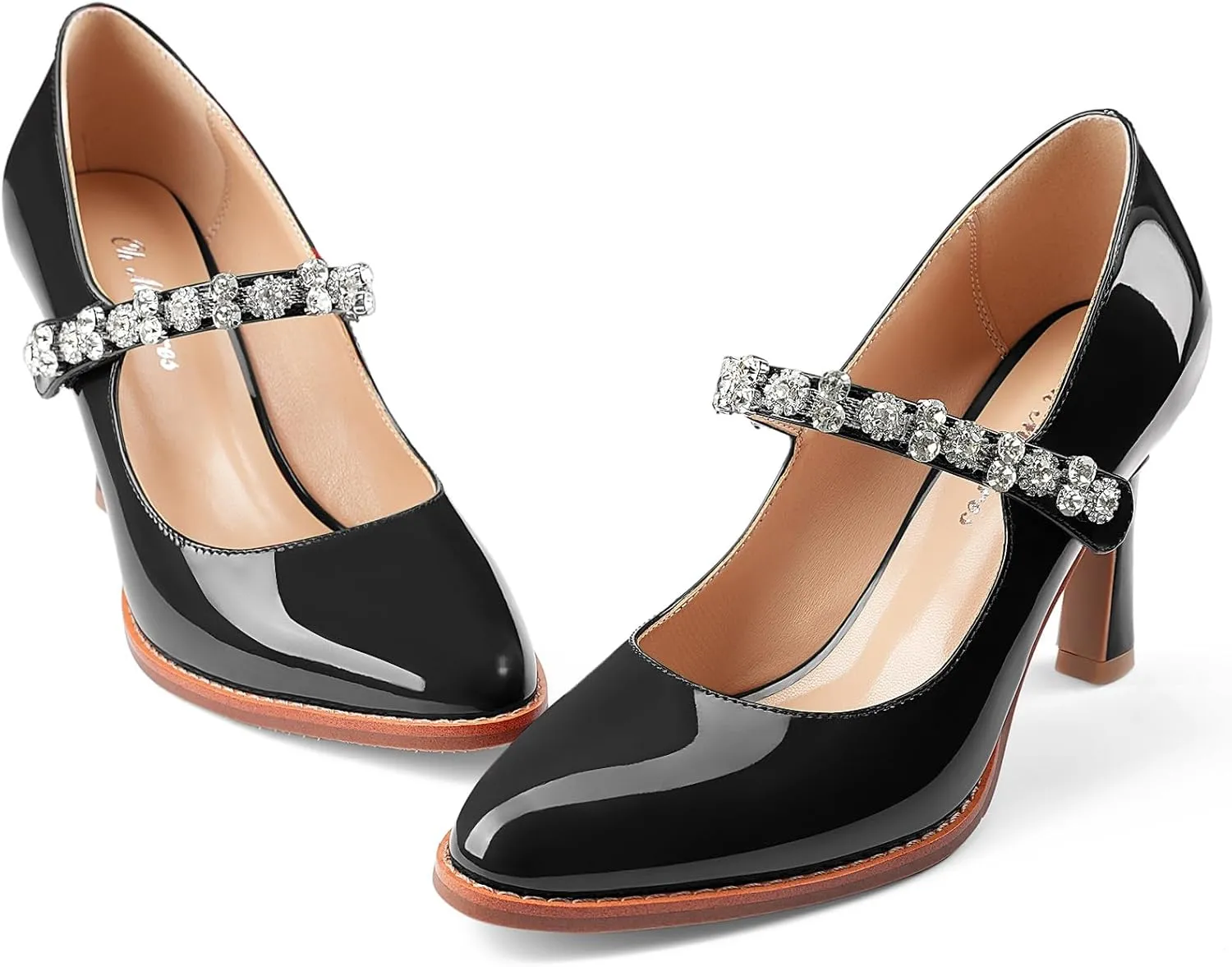 Oh Mispares Pointed Toe Heels for Women Mary Jane Stiletto Pumps Patent Leather Rhinestone Strap 3.5 Inch Dress Shoes for Wedding Party Prom