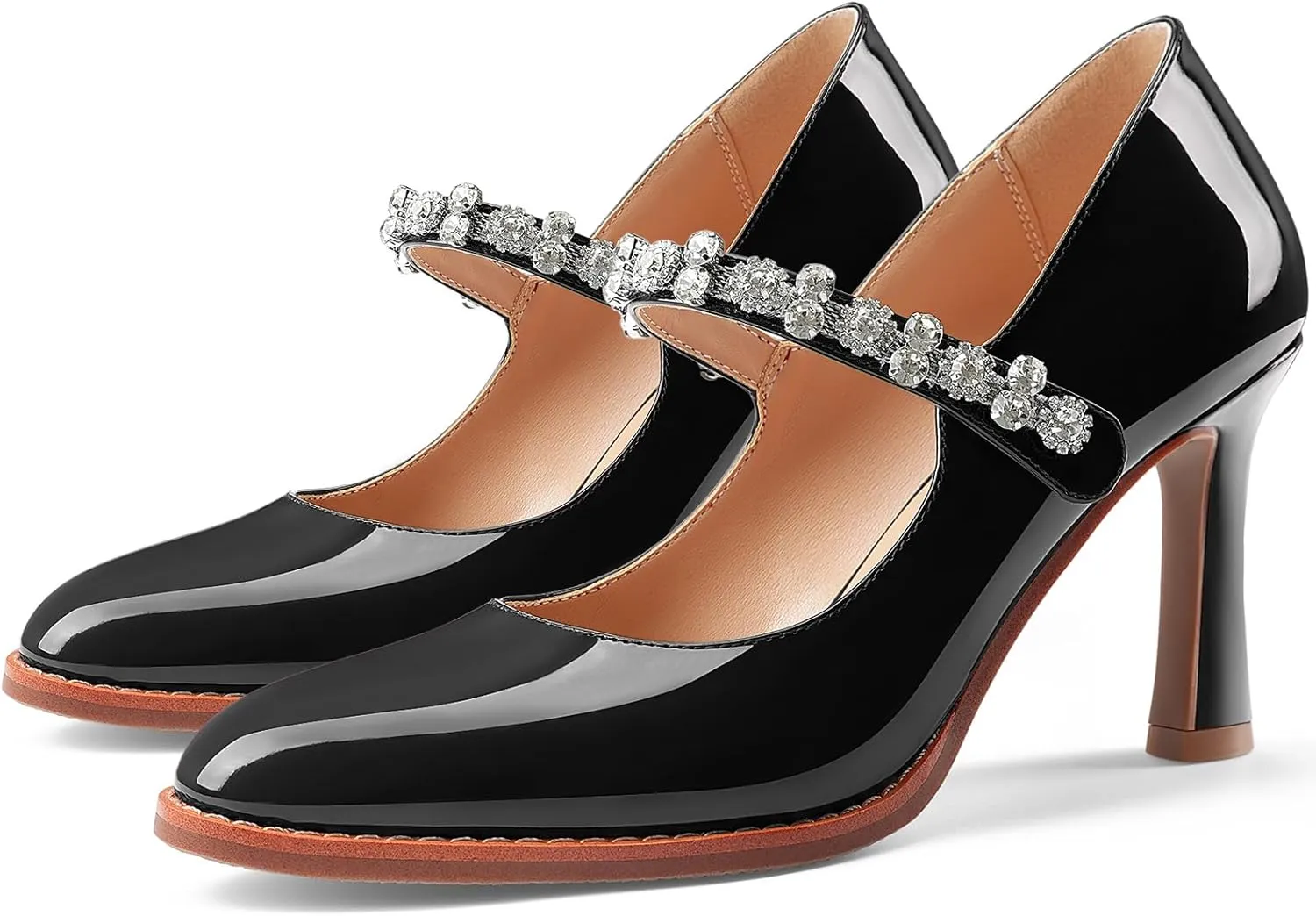 Oh Mispares Pointed Toe Heels for Women Mary Jane Stiletto Pumps Patent Leather Rhinestone Strap 3.5 Inch Dress Shoes for Wedding Party Prom