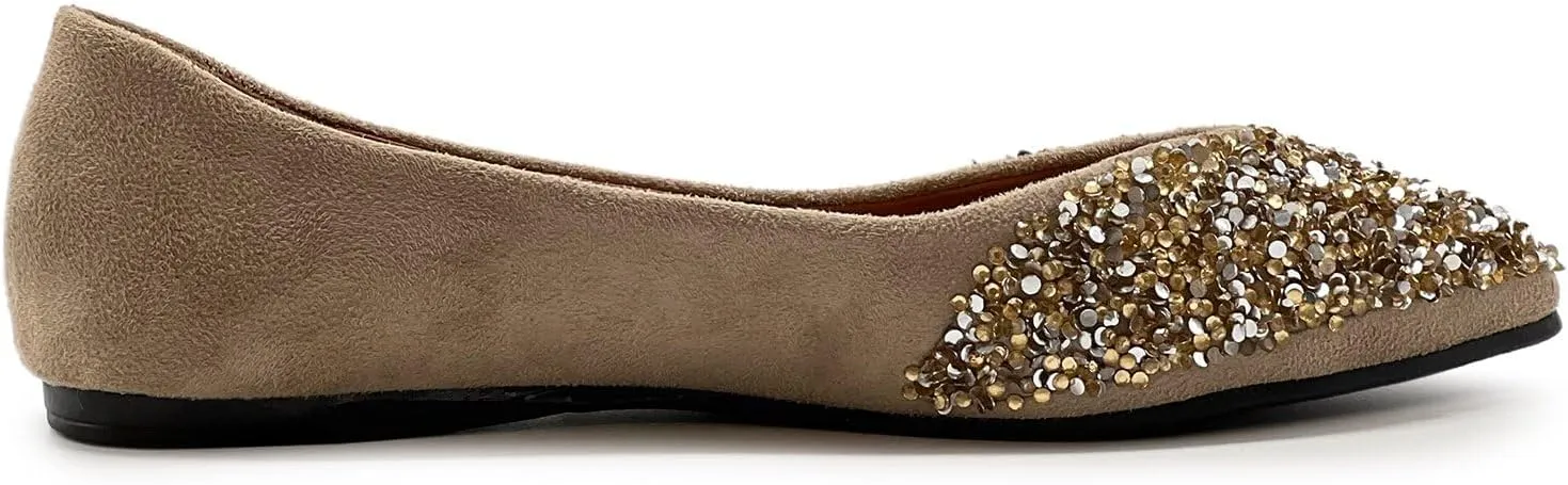 Ollio Women's Shoes Faux Suede Rhinestone Studded Pointed Toe Ballet Flats F206