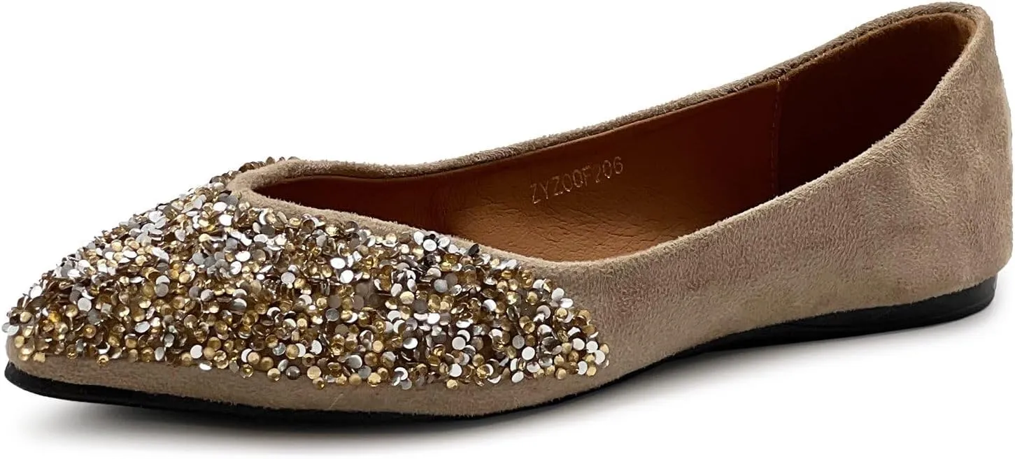 Ollio Women's Shoes Faux Suede Rhinestone Studded Pointed Toe Ballet Flats F206