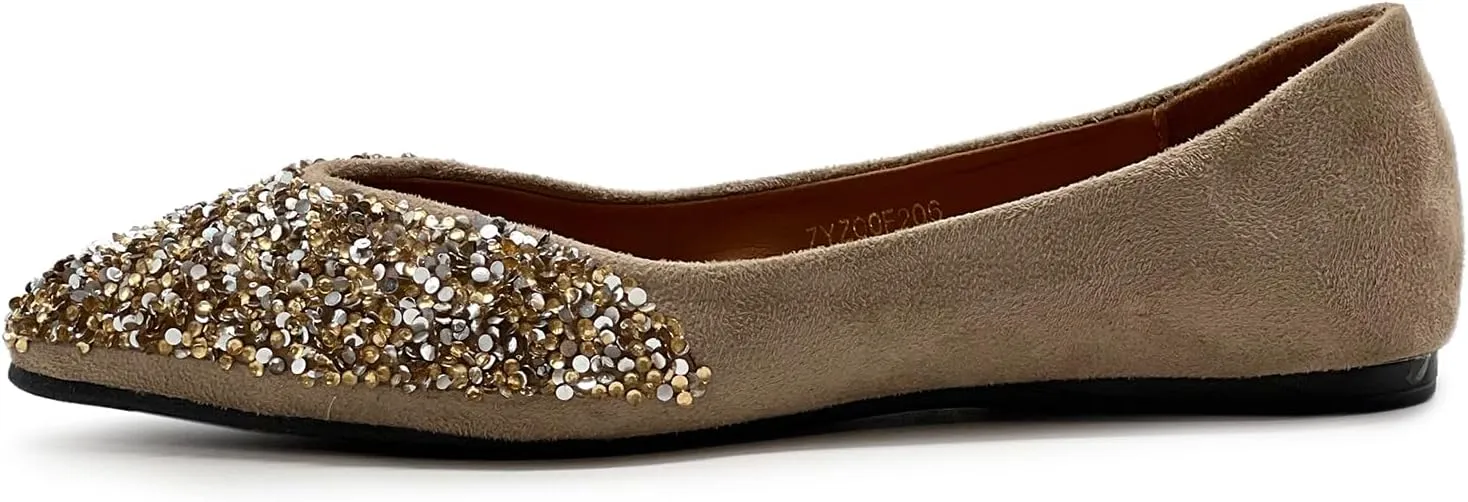 Ollio Women's Shoes Faux Suede Rhinestone Studded Pointed Toe Ballet Flats F206
