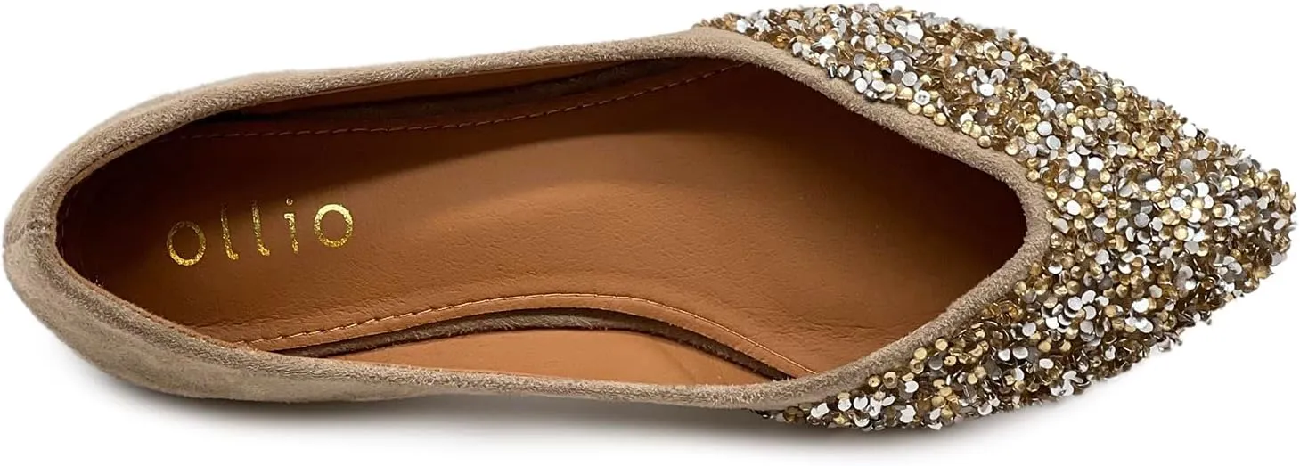 Ollio Women's Shoes Faux Suede Rhinestone Studded Pointed Toe Ballet Flats F206