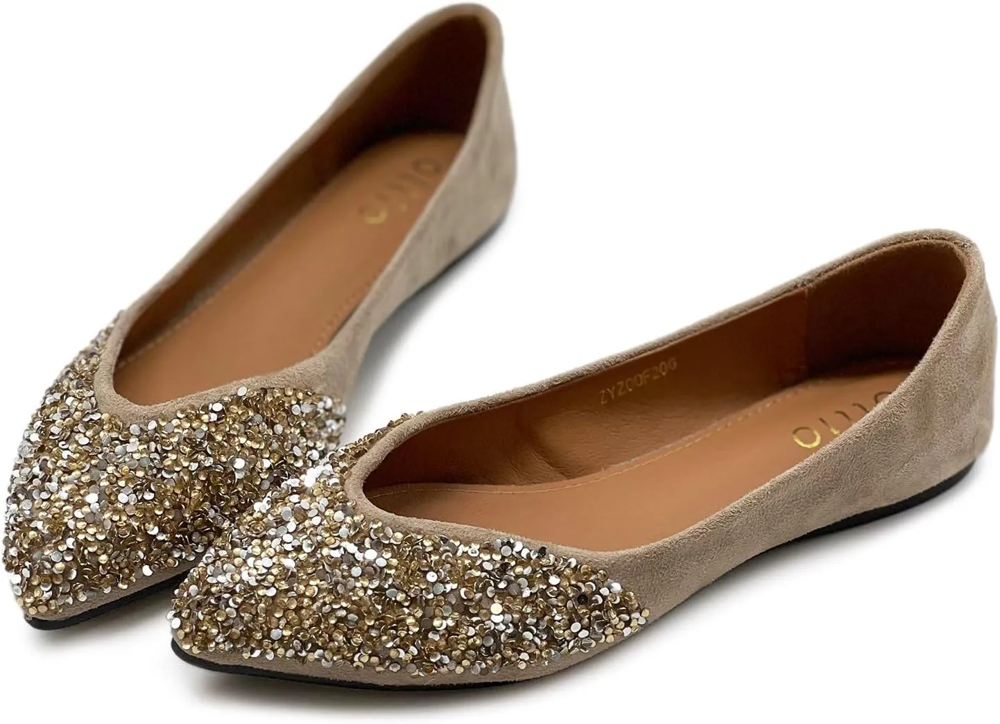 Ollio Women's Shoes Faux Suede Rhinestone Studded Pointed Toe Ballet Flats F206
