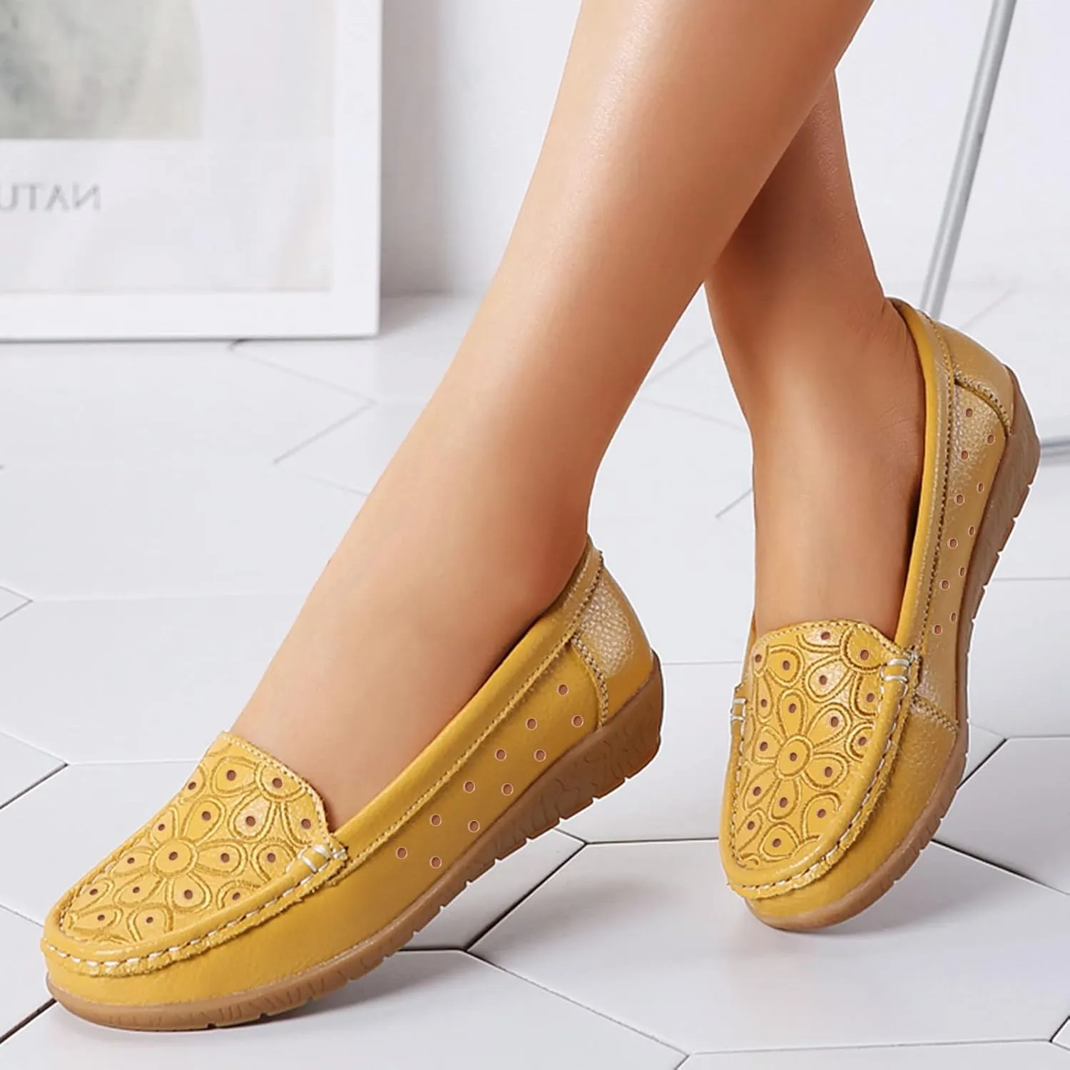 Orthopedic Slip-On Loafers for Women Hollow Out Leather Shoes Lightweight Breathable Walking Driving Shoes