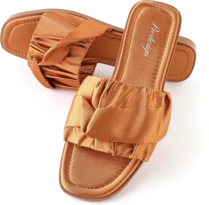 PRODESIGN Women Fur Slippers Fluffy Slides Open Toe Fuzzy Flat Sandal Home Outdoor Slippers