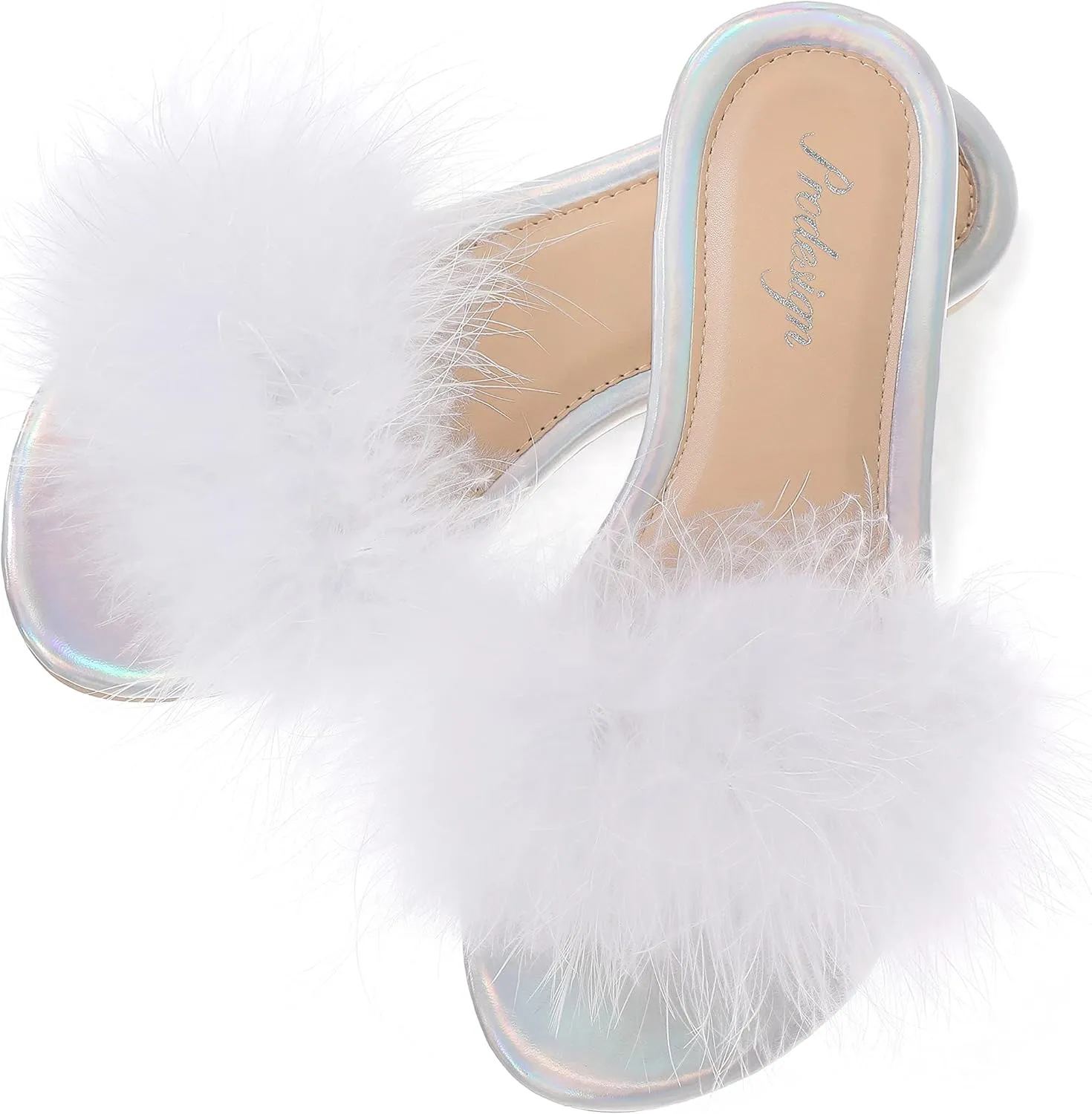 PRODESIGN Women Fur Slippers Fluffy Slides Open Toe Fuzzy Flat Sandal Home Outdoor Slippers