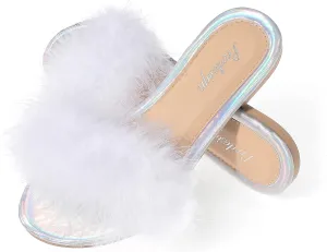 PRODESIGN Women Fur Slippers Fluffy Slides Open Toe Fuzzy Flat Sandal Home Outdoor Slippers