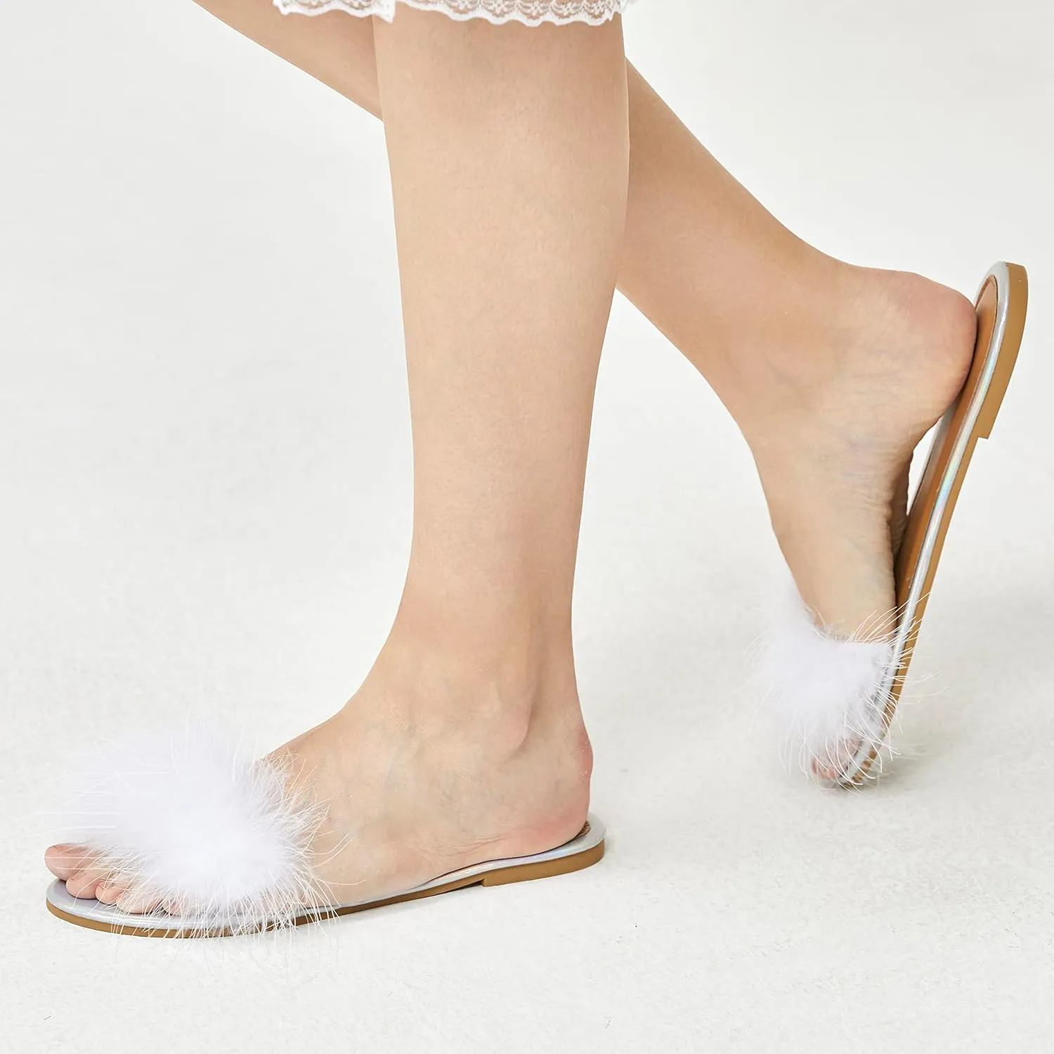 PRODESIGN Women Fur Slippers Fluffy Slides Open Toe Fuzzy Flat Sandal Home Outdoor Slippers