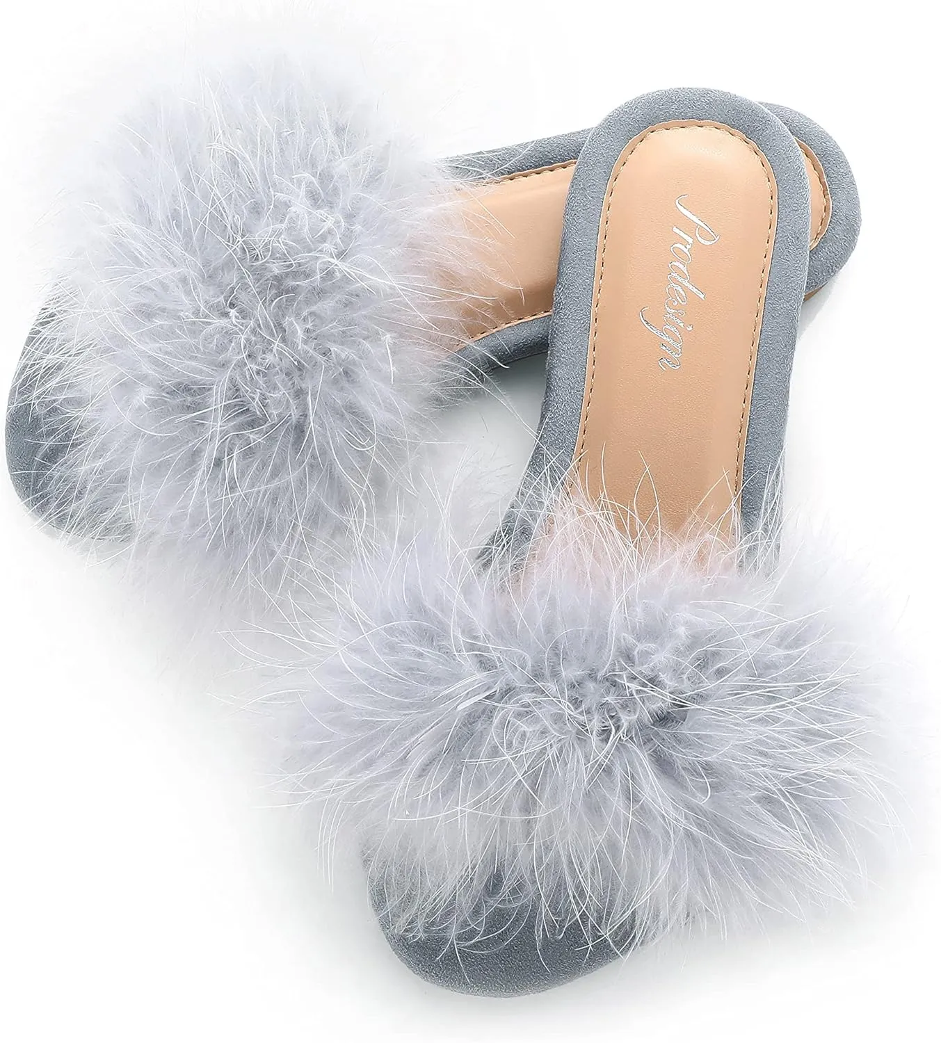 PRODESIGN Women Fur Slippers Fluffy Slides Open Toe Fuzzy Flat Sandal Home Outdoor Slippers