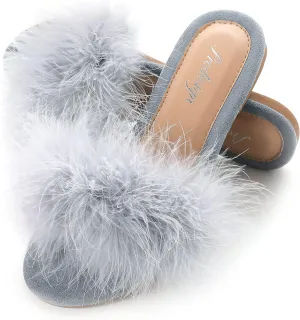 PRODESIGN Women Fur Slippers Fluffy Slides Open Toe Fuzzy Flat Sandal Home Outdoor Slippers