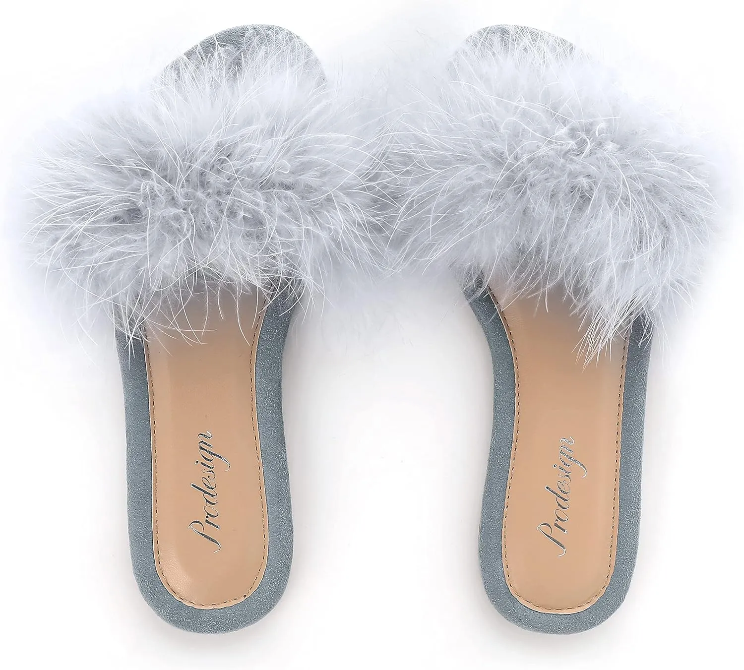 PRODESIGN Women Fur Slippers Fluffy Slides Open Toe Fuzzy Flat Sandal Home Outdoor Slippers