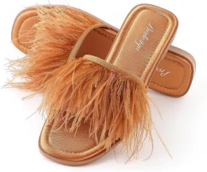 PRODESIGN Women Fur Slippers Fluffy Slides Open Toe Fuzzy Flat Sandal Home Outdoor Slippers