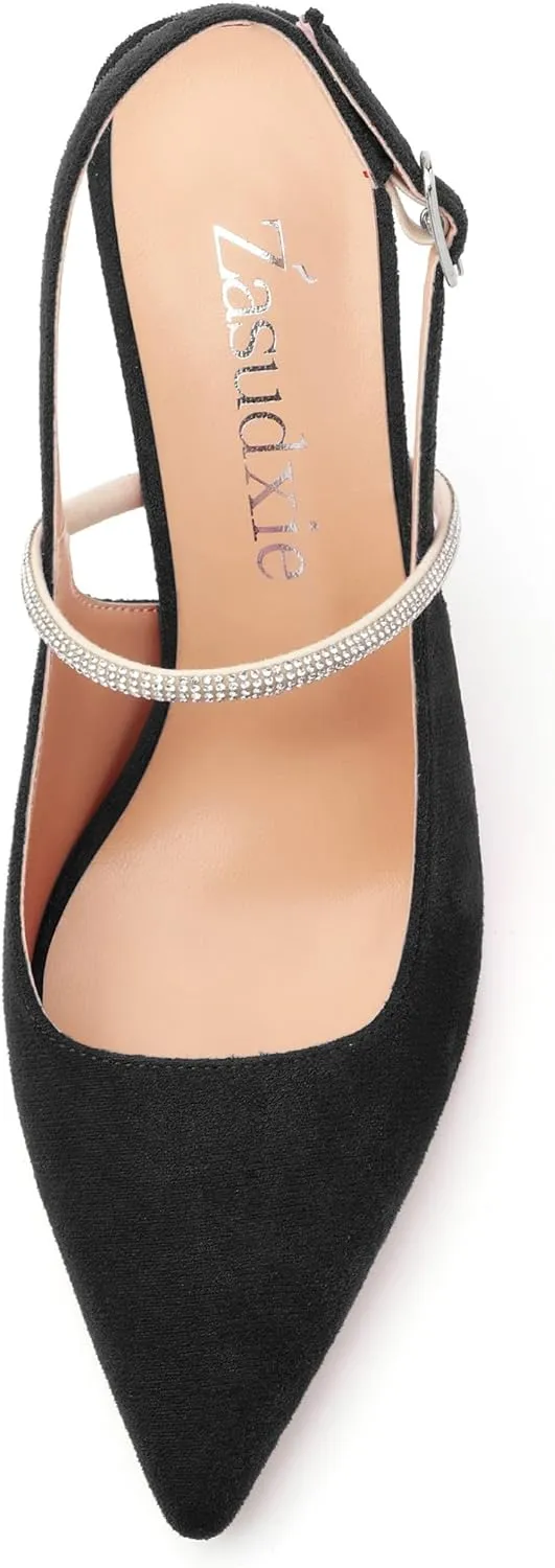 Purple Women's Slingback Kitten Heels, Rhinestone Ankle Strap, 3.35 Inch Heel, Pointed Toe, Suede, Wedding, Prom, Party Shoes