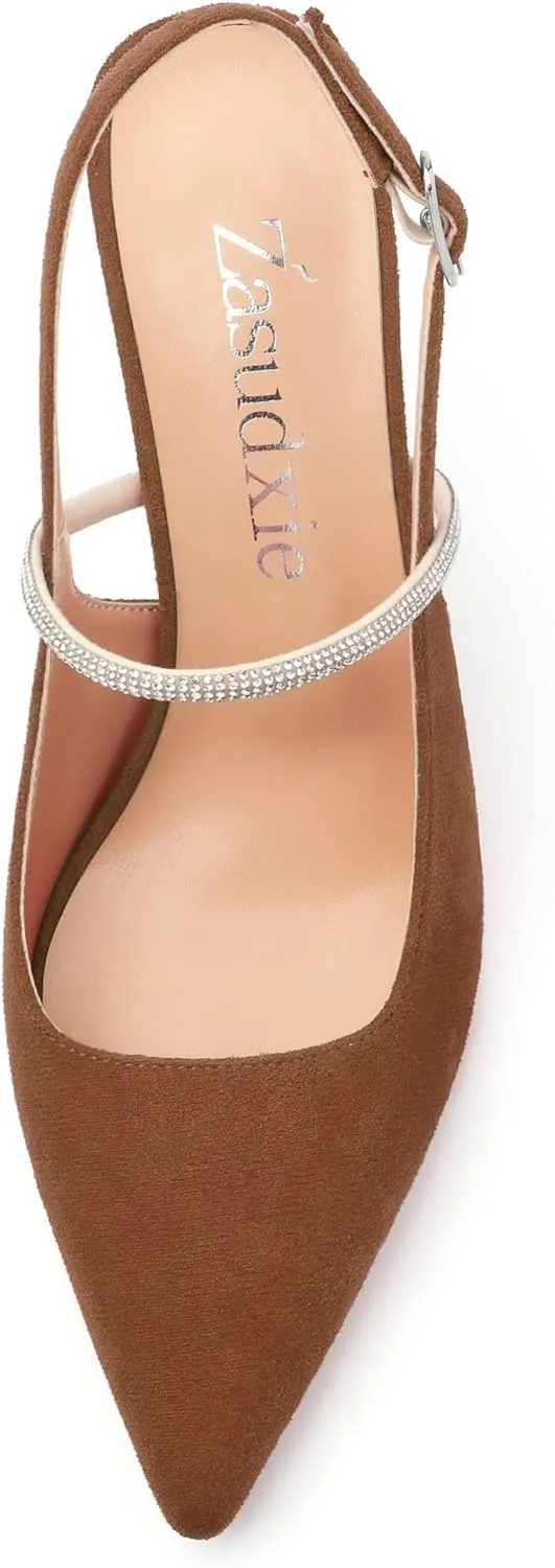 Purple Women's Slingback Kitten Heels, Rhinestone Ankle Strap, 3.35 Inch Heel, Pointed Toe, Suede, Wedding, Prom, Party Shoes