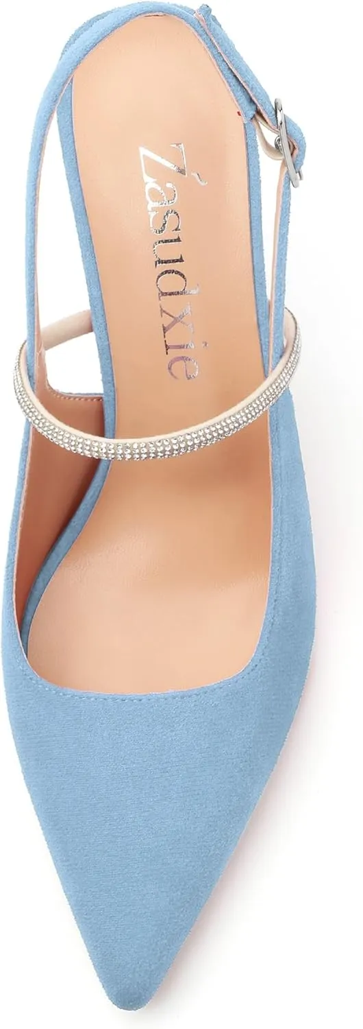Purple Women's Slingback Kitten Heels, Rhinestone Ankle Strap, 3.35 Inch Heel, Pointed Toe, Suede, Wedding, Prom, Party Shoes