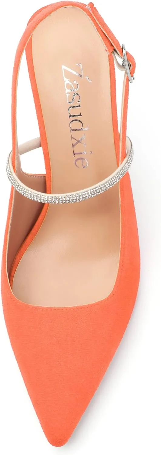 Purple Women's Slingback Kitten Heels, Rhinestone Ankle Strap, 3.35 Inch Heel, Pointed Toe, Suede, Wedding, Prom, Party Shoes