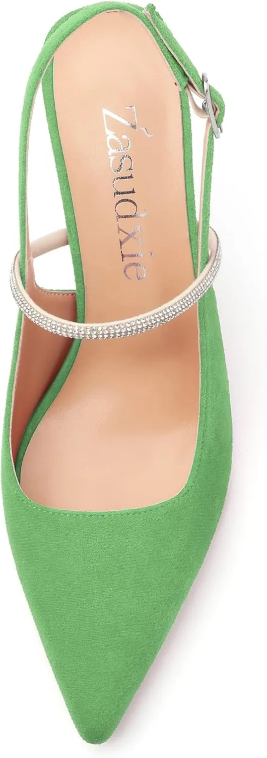 Purple Women's Slingback Kitten Heels, Rhinestone Ankle Strap, 3.35 Inch Heel, Pointed Toe, Suede, Wedding, Prom, Party Shoes