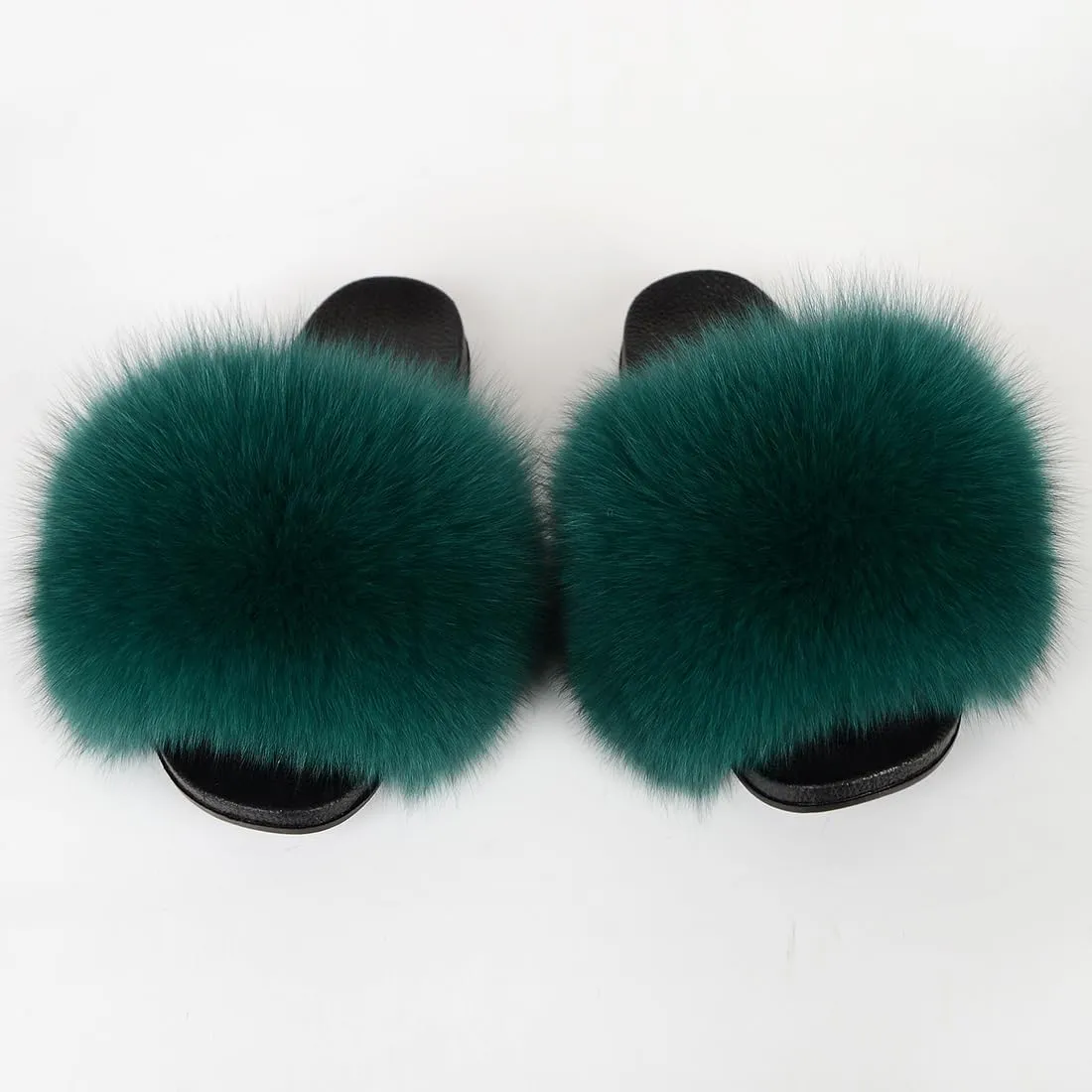 Real Fox Fur Slides Women Furry Fluffy Fur Slippers Open Toe Flat Slide Fur Sandals Outdoor Indoor