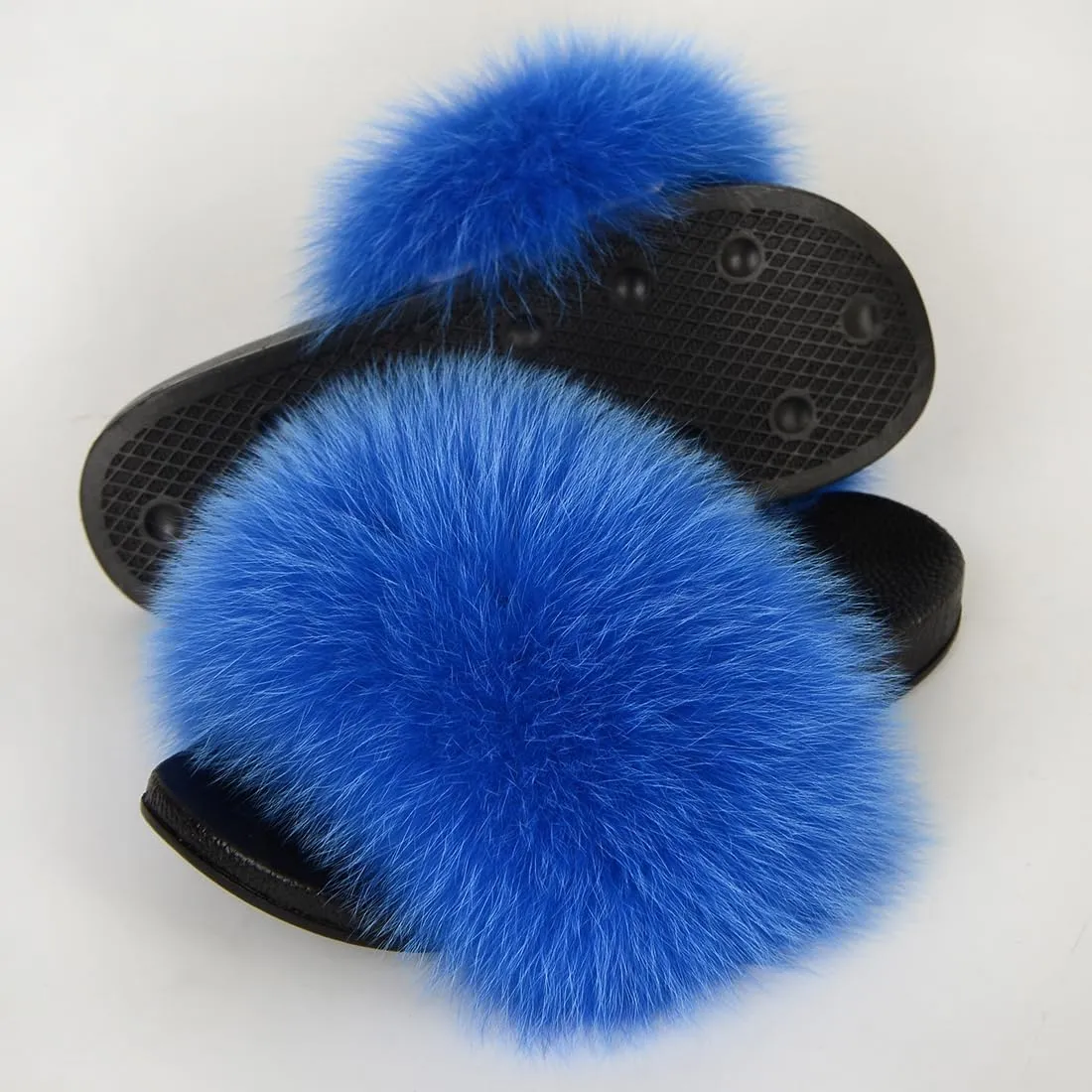 Real Fox Fur Slides Women Furry Fluffy Fur Slippers Open Toe Flat Slide Fur Sandals Outdoor Indoor