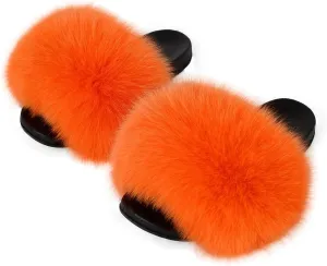 Real Fox Fur Slides Women Furry Fluffy Fur Slippers Open Toe Flat Slide Fur Sandals Outdoor Indoor