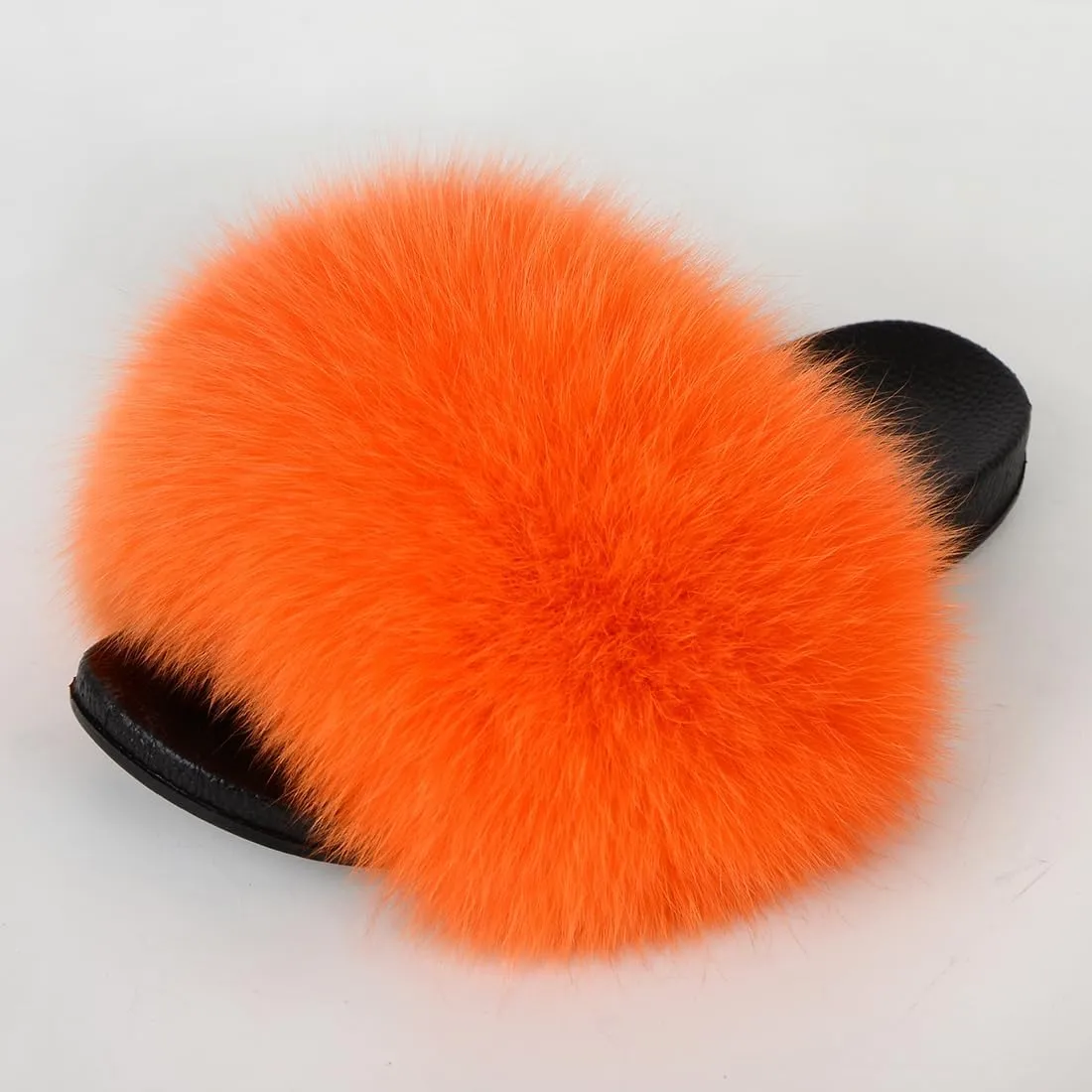 Real Fox Fur Slides Women Furry Fluffy Fur Slippers Open Toe Flat Slide Fur Sandals Outdoor Indoor