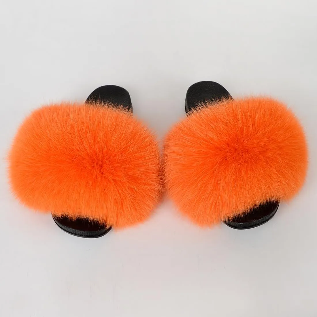 Real Fox Fur Slides Women Furry Fluffy Fur Slippers Open Toe Flat Slide Fur Sandals Outdoor Indoor