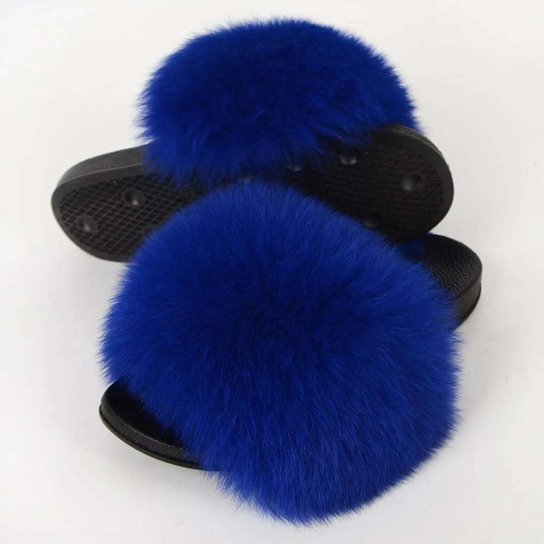 Real Fox Fur Slides Women Furry Fluffy Fur Slippers Open Toe Flat Slide Fur Sandals Outdoor Indoor