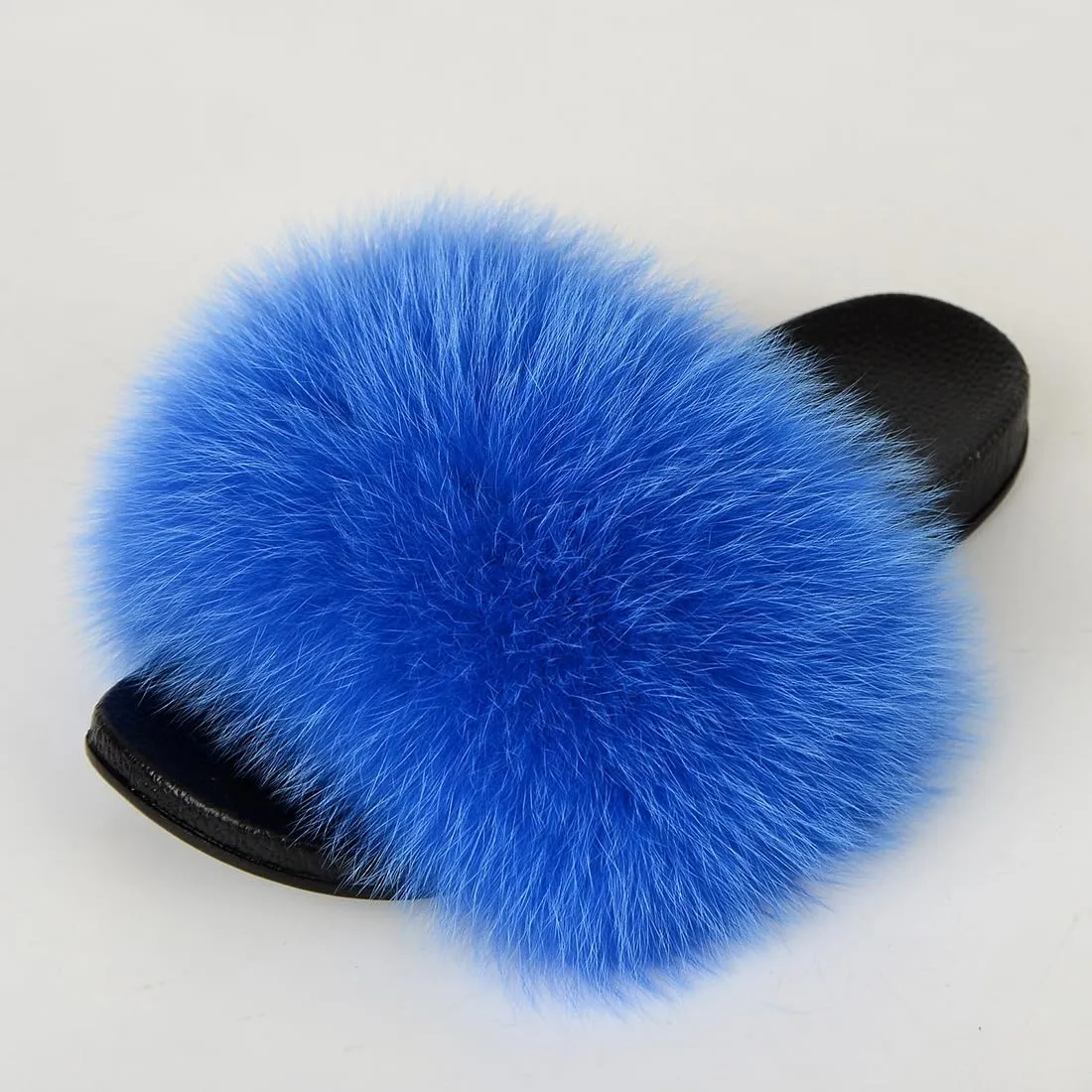 Real Fox Fur Slides Women Furry Fluffy Fur Slippers Open Toe Flat Slide Fur Sandals Outdoor Indoor