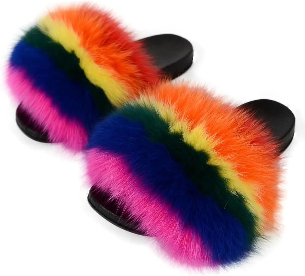Real Fox Fur Slides Women Furry Fluffy Fur Slippers Open Toe Flat Slide Fur Sandals Outdoor Indoor