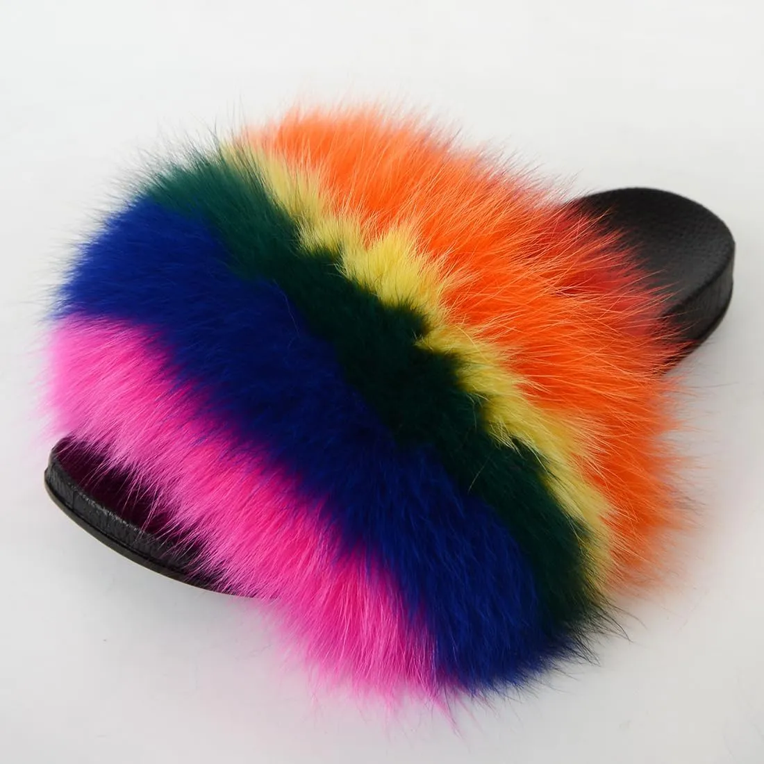 Real Fox Fur Slides Women Furry Fluffy Fur Slippers Open Toe Flat Slide Fur Sandals Outdoor Indoor