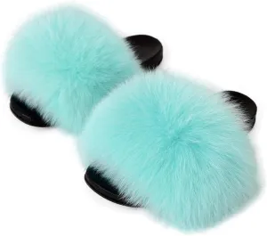 Real Fox Fur Slides Women Furry Fluffy Fur Slippers Open Toe Flat Slide Fur Sandals Outdoor Indoor