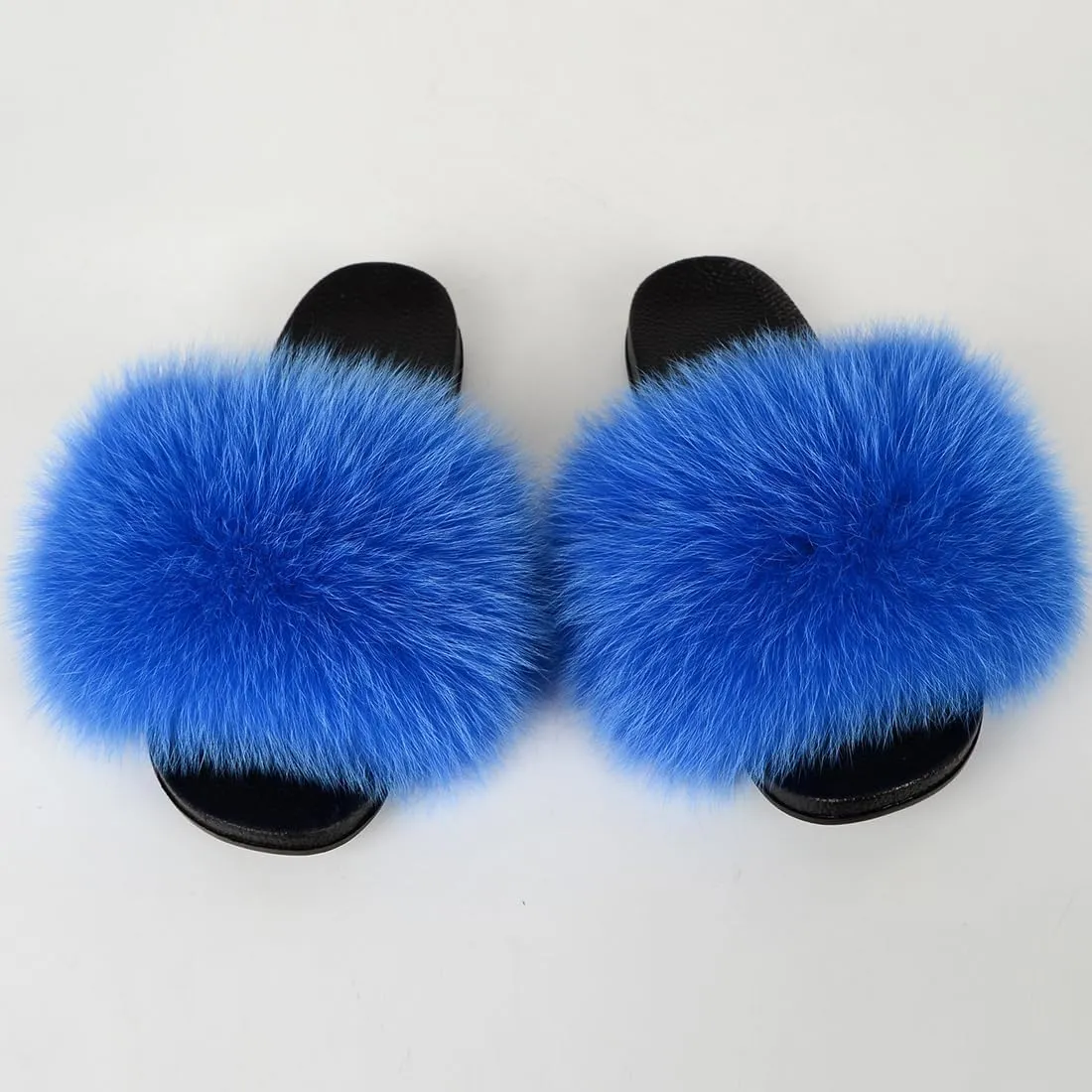Real Fox Fur Slides Women Furry Fluffy Fur Slippers Open Toe Flat Slide Fur Sandals Outdoor Indoor