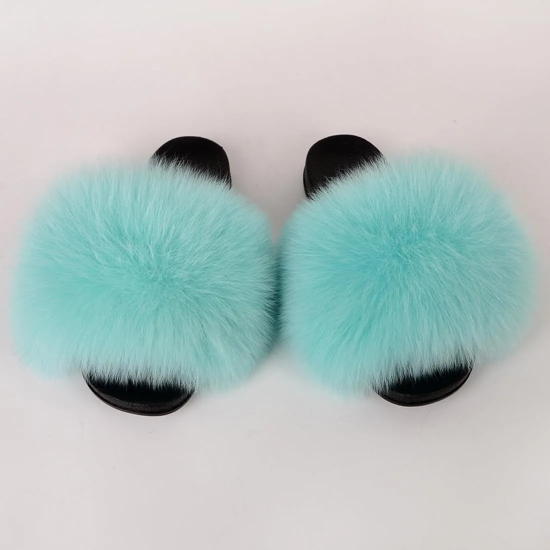 Real Fox Fur Slides Women Furry Fluffy Fur Slippers Open Toe Flat Slide Fur Sandals Outdoor Indoor