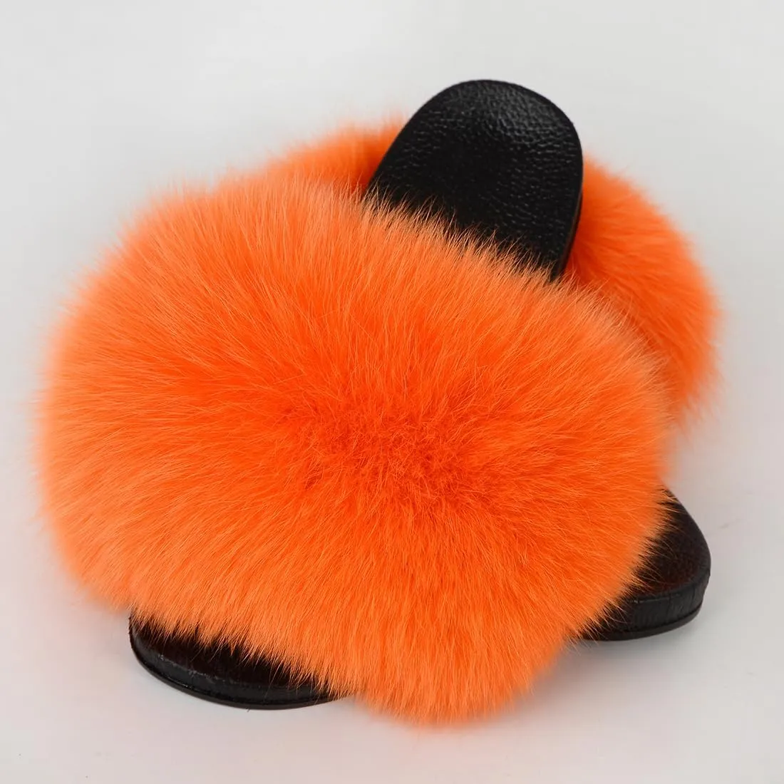 Real Fox Fur Slides Women Furry Fluffy Fur Slippers Open Toe Flat Slide Fur Sandals Outdoor Indoor