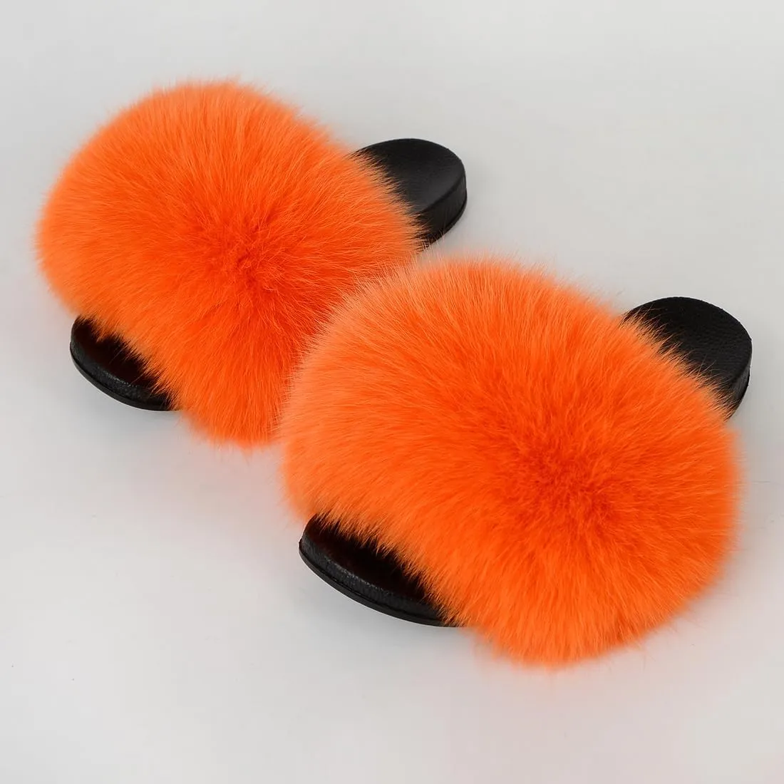 Real Fox Fur Slides Women Furry Fluffy Fur Slippers Open Toe Flat Slide Fur Sandals Outdoor Indoor