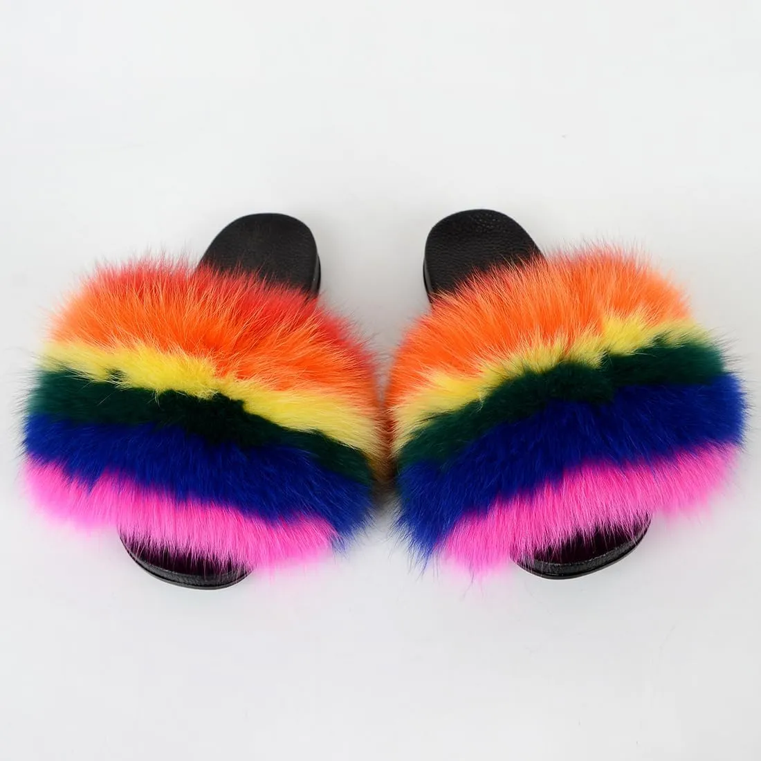 Real Fox Fur Slides Women Furry Fluffy Fur Slippers Open Toe Flat Slide Fur Sandals Outdoor Indoor