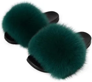 Real Fox Fur Slides Women Furry Fluffy Fur Slippers Open Toe Flat Slide Fur Sandals Outdoor Indoor