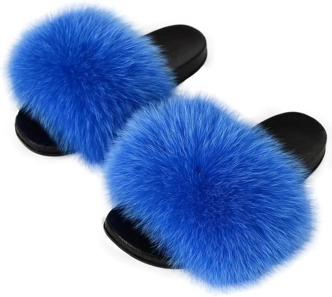 Real Fox Fur Slides Women Furry Fluffy Fur Slippers Open Toe Flat Slide Fur Sandals Outdoor Indoor