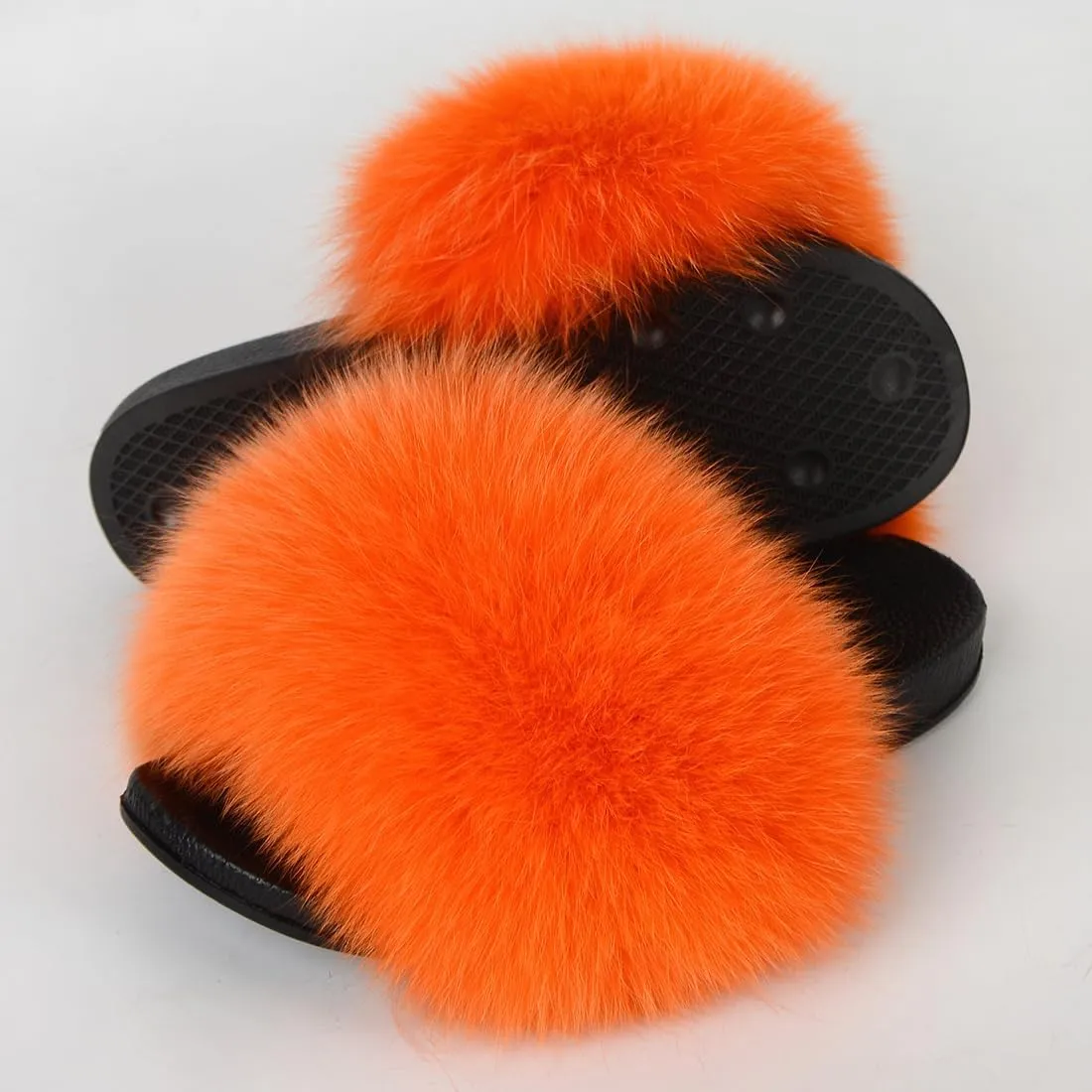 Real Fox Fur Slides Women Furry Fluffy Fur Slippers Open Toe Flat Slide Fur Sandals Outdoor Indoor