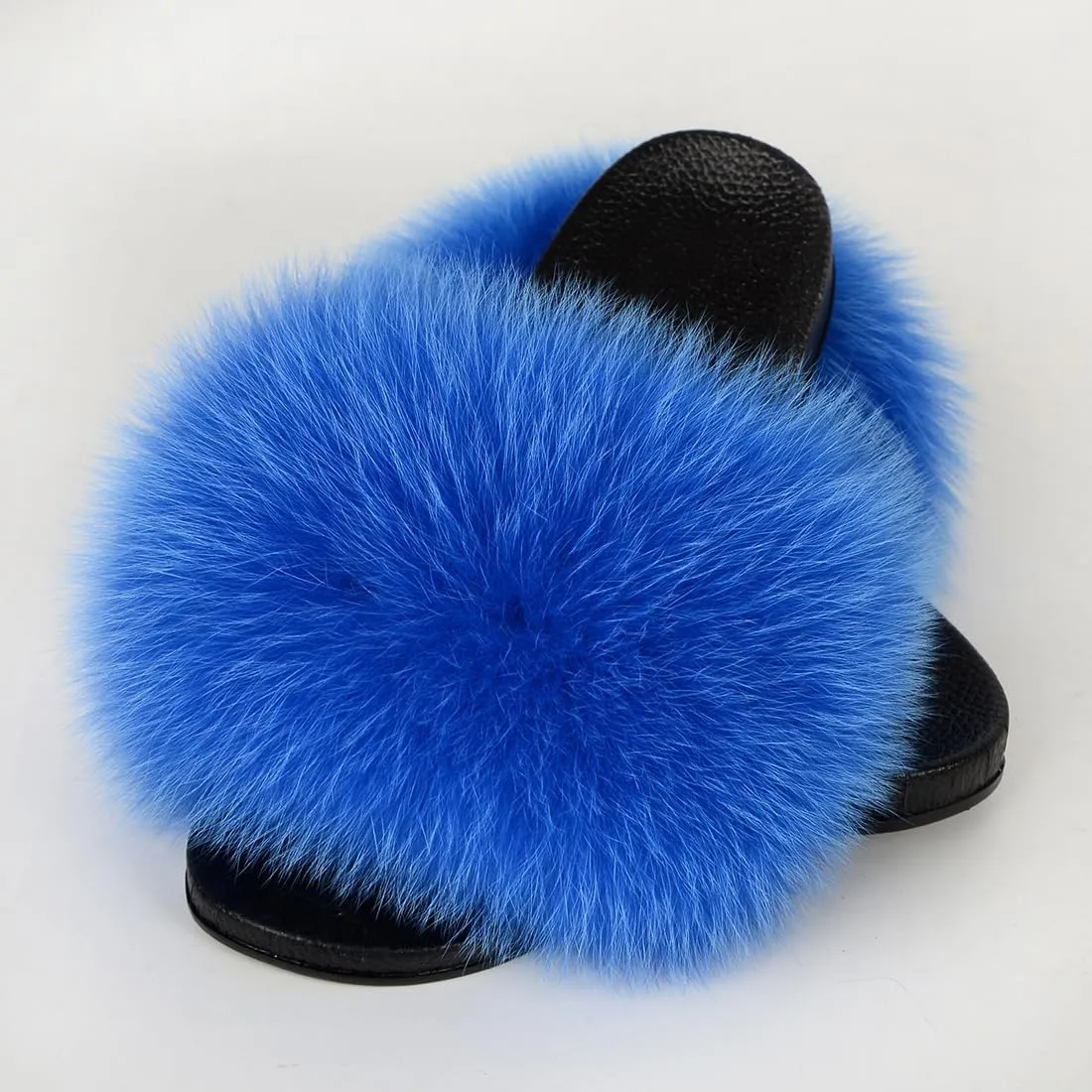 Real Fox Fur Slides Women Furry Fluffy Fur Slippers Open Toe Flat Slide Fur Sandals Outdoor Indoor