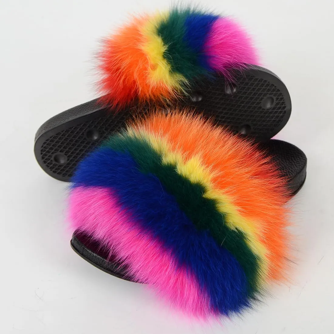 Real Fox Fur Slides Women Furry Fluffy Fur Slippers Open Toe Flat Slide Fur Sandals Outdoor Indoor