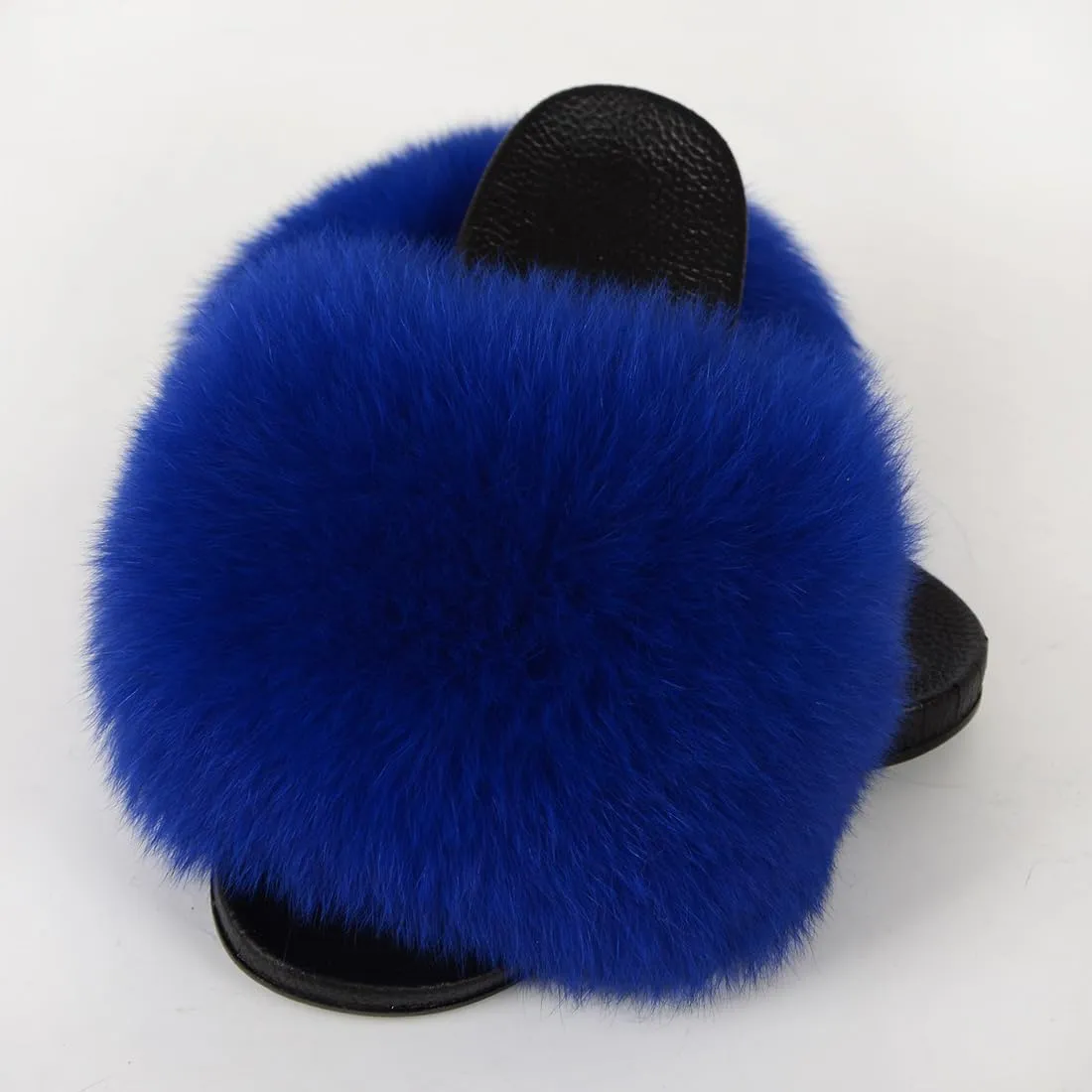 Real Fox Fur Slides Women Furry Fluffy Fur Slippers Open Toe Flat Slide Fur Sandals Outdoor Indoor