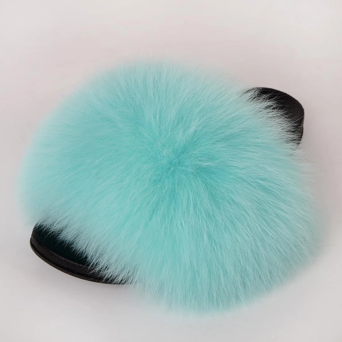 Real Fox Fur Slides Women Furry Fluffy Fur Slippers Open Toe Flat Slide Fur Sandals Outdoor Indoor