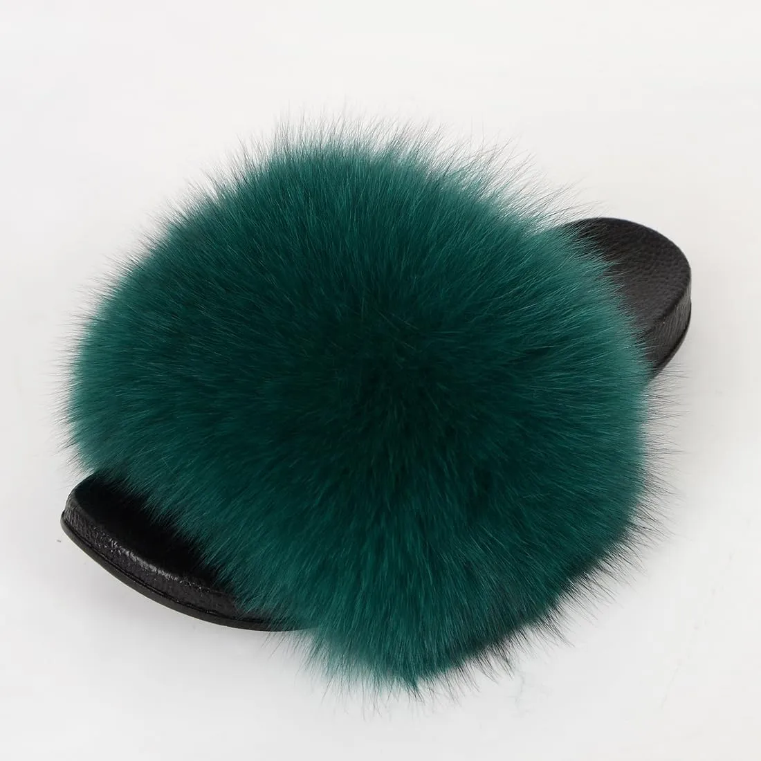 Real Fox Fur Slides Women Furry Fluffy Fur Slippers Open Toe Flat Slide Fur Sandals Outdoor Indoor
