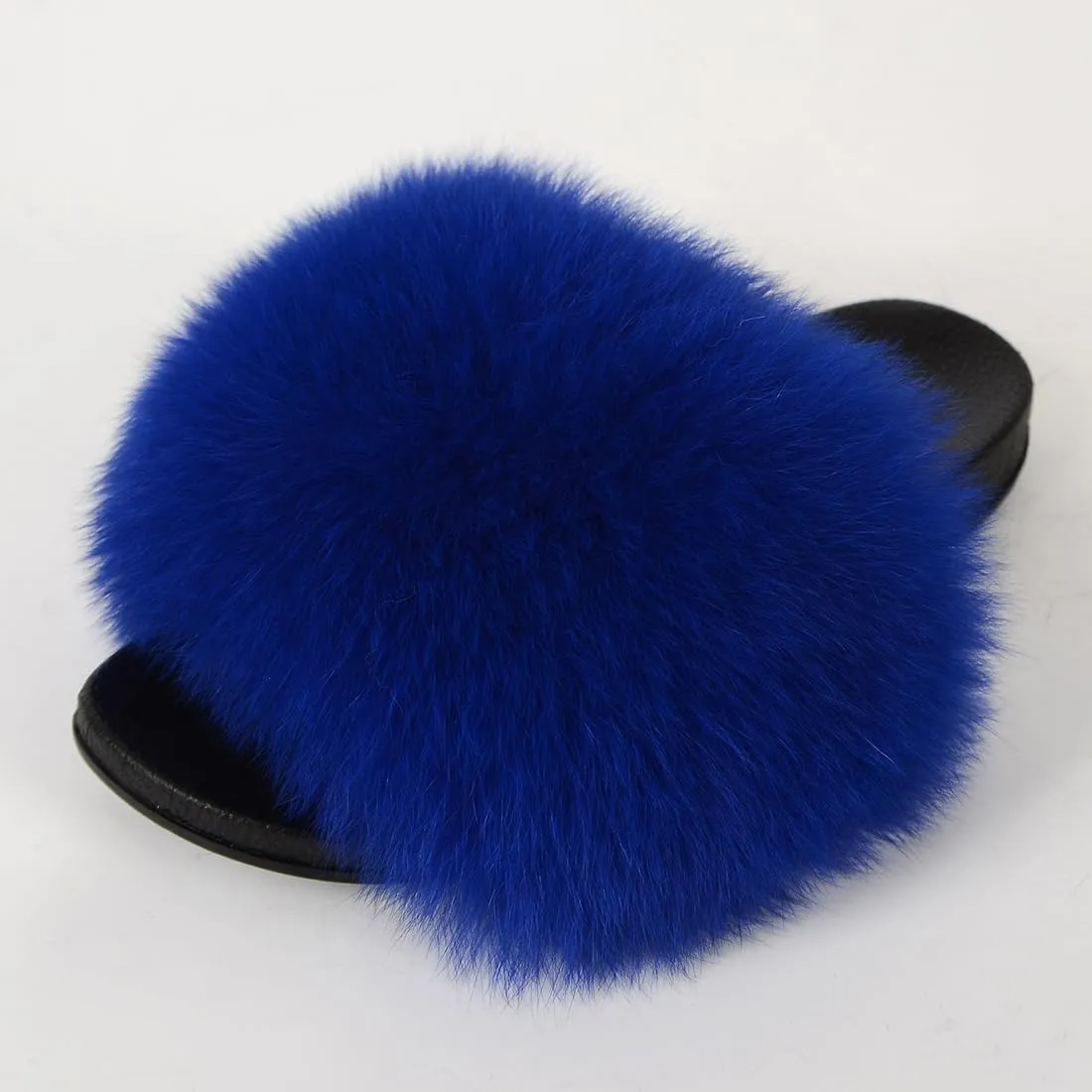 Real Fox Fur Slides Women Furry Fluffy Fur Slippers Open Toe Flat Slide Fur Sandals Outdoor Indoor
