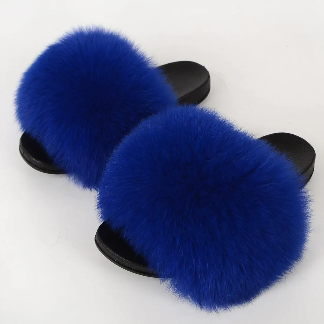 Real Fox Fur Slides Women Furry Fluffy Fur Slippers Open Toe Flat Slide Fur Sandals Outdoor Indoor